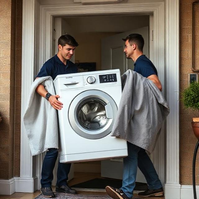 HDG two-man team carrying a boxed washing machine through a UK doorway with protective gear